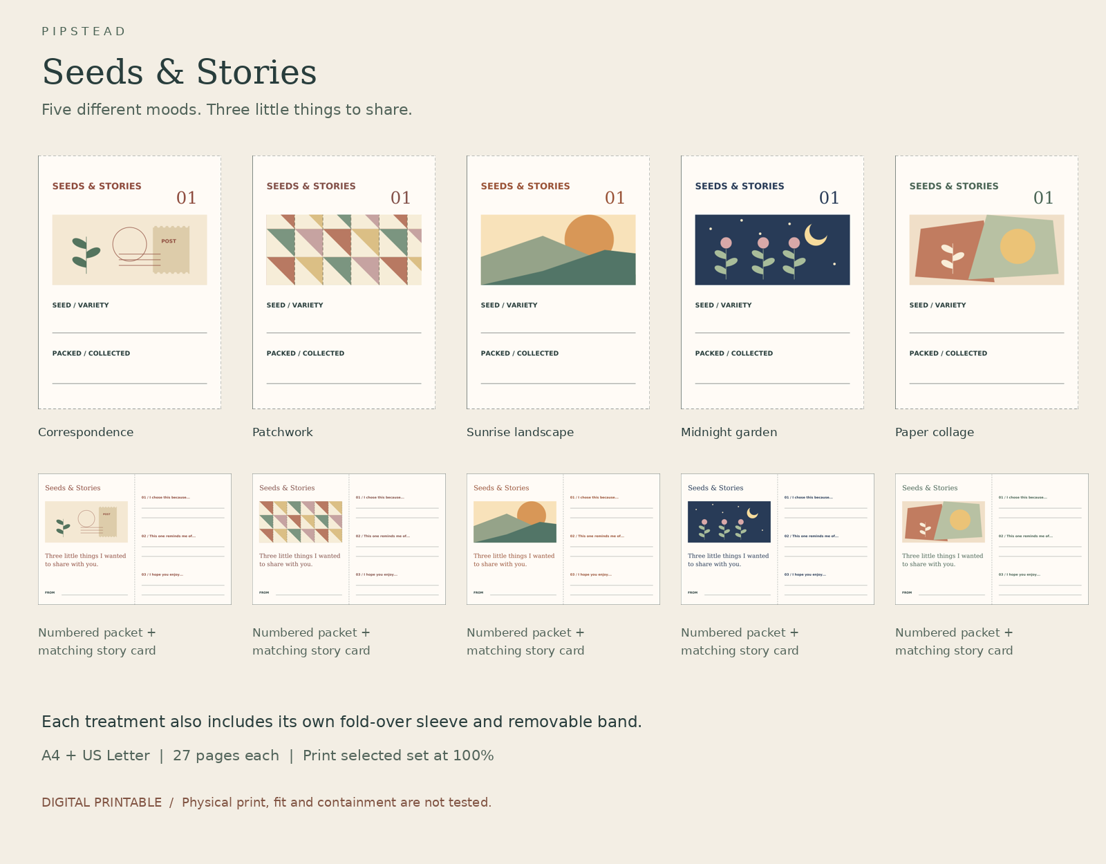 Flat digital previews of five Seeds and Stories numbered packet fronts and matching folded story-card panels.